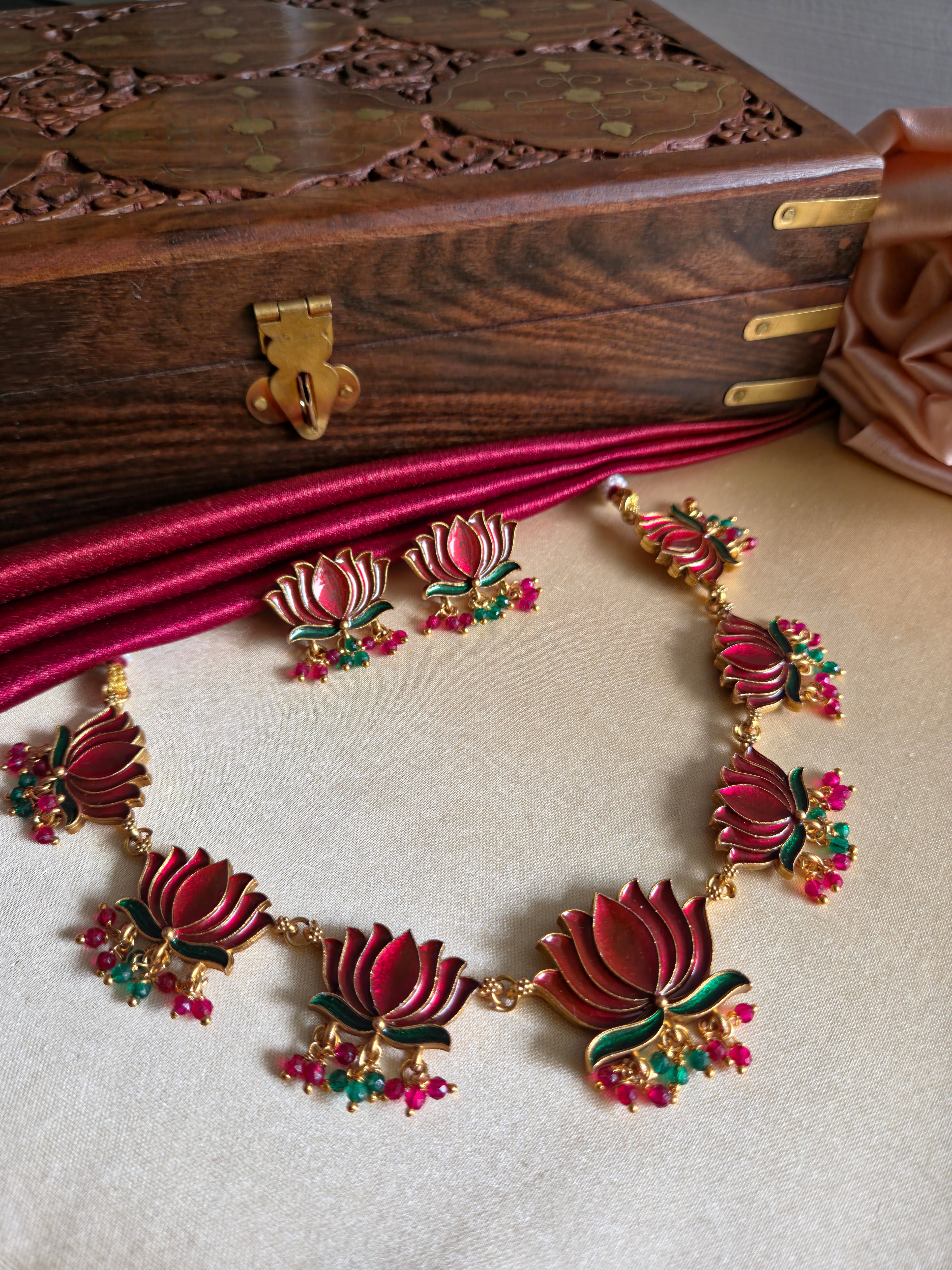 Red Lotus Enamel Necklace Set with Red & Green Drops