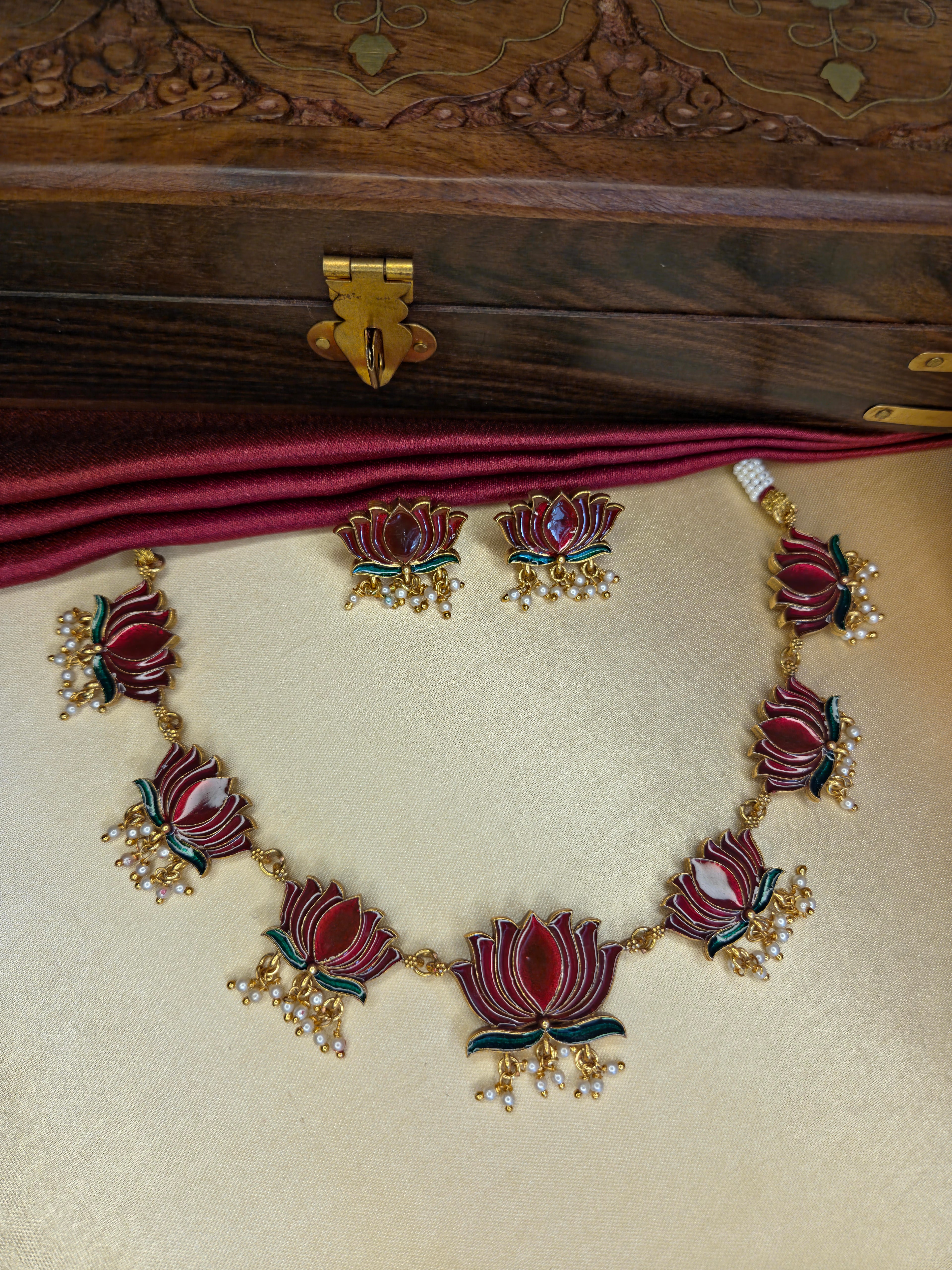 Red Lotus Enamel Necklace Set with Pearl Drops
