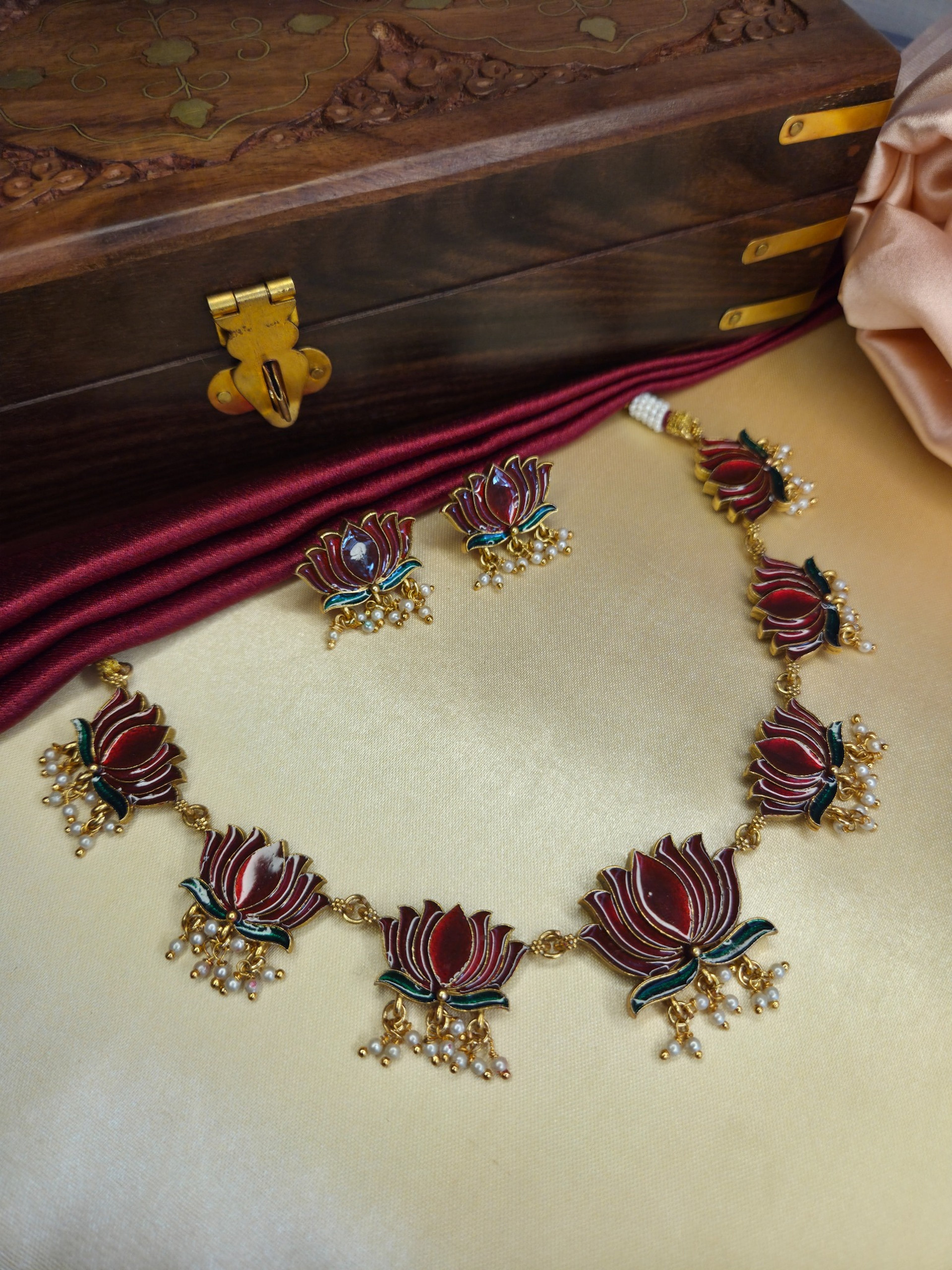 Red Lotus Enamel Necklace Set with Pearl Drops