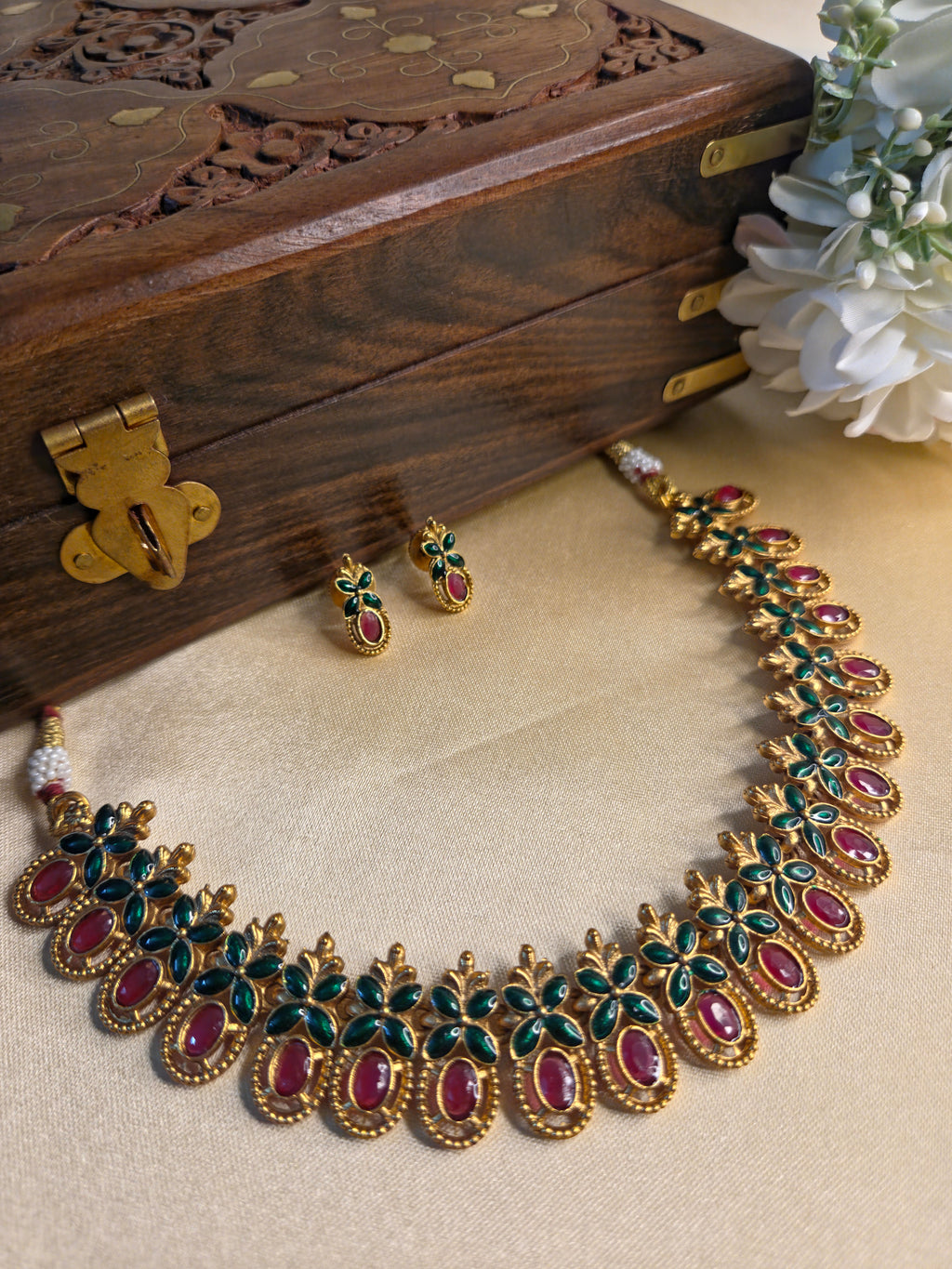 Traditional Ruby Green Mango Motif Necklace Set