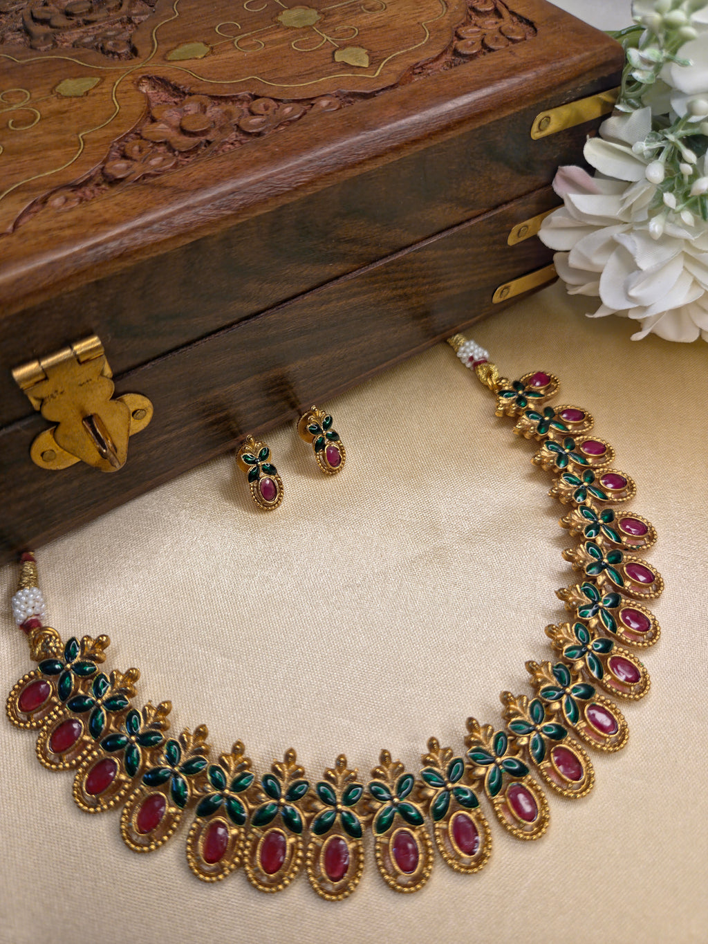 Traditional Ruby Green Mango Motif Necklace Set