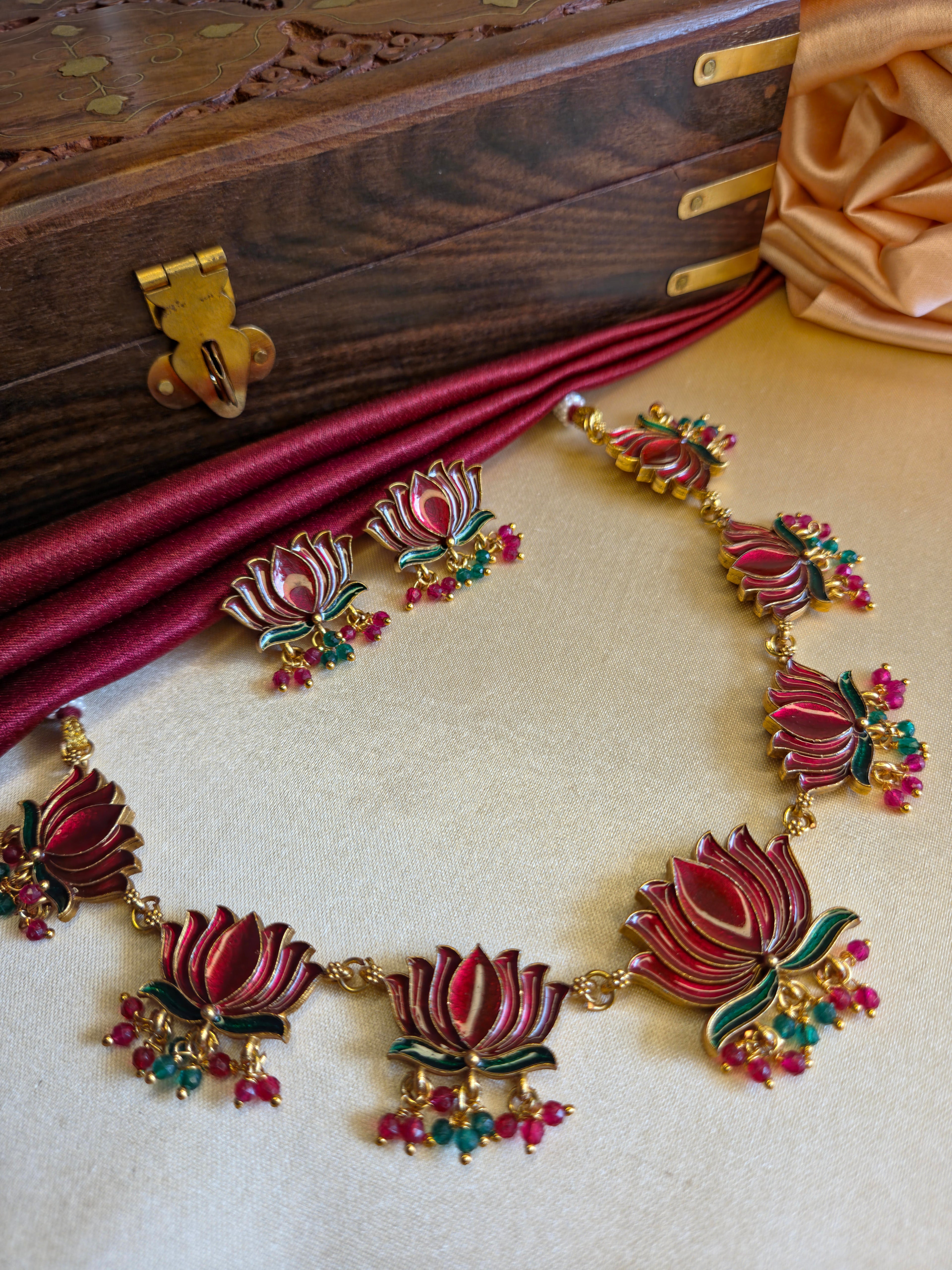 Red Lotus Enamel Necklace Set with Red & Green Drops