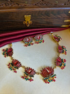 Red Lotus Enamel Necklace Set with Red & Green Drops