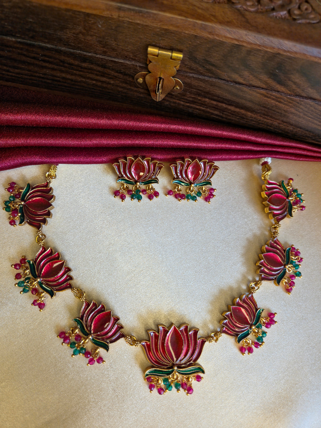 Red Lotus Enamel Necklace Set with Red & Green Drops
