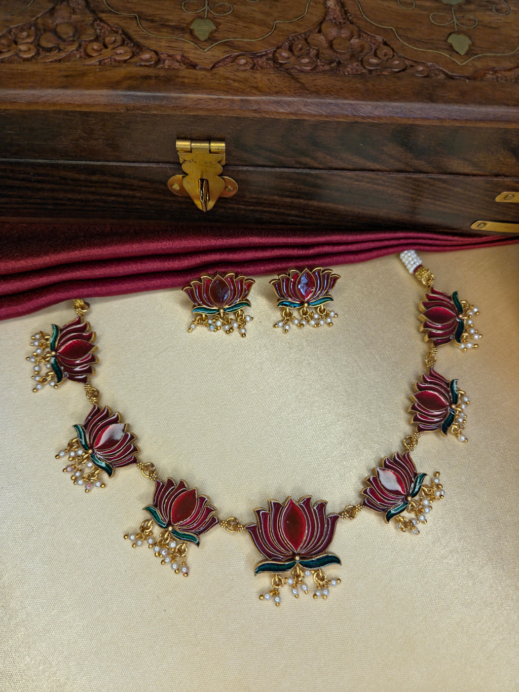 Red Lotus Enamel Necklace Set with Pearl Drops