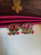 Red Lotus Enamel Necklace Set with Red & Green Drops