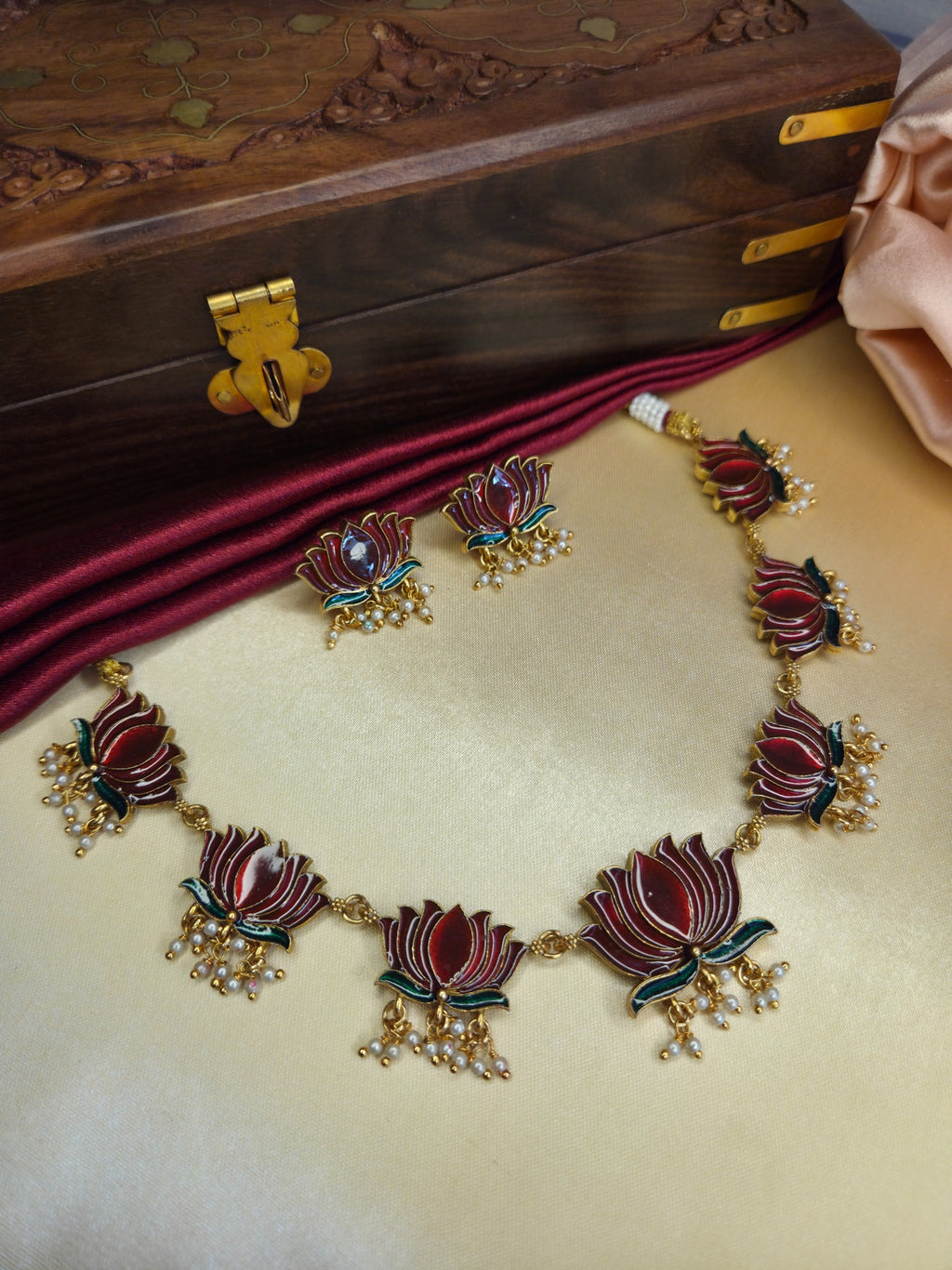 Red Lotus Enamel Necklace Set with Pearl Drops