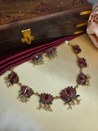 Red Lotus Enamel Necklace Set with Pearl Drops