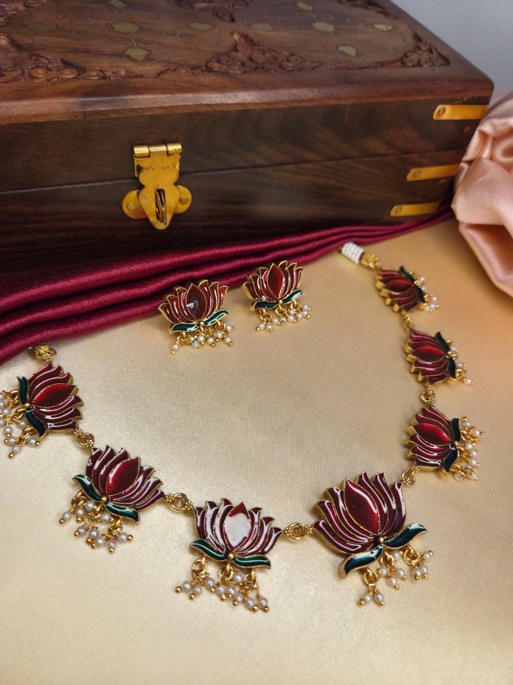 Red Lotus Enamel Necklace Set with Pearl Drops
